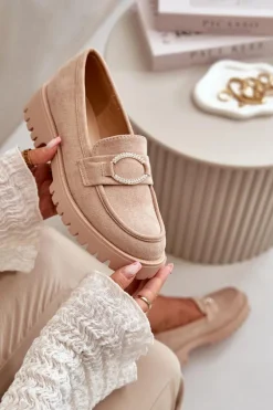 Damskie Eko Zamszowe Mokasyny Z Błyszczącym Detalem Beżowe Avellina