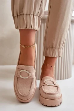 Damskie Eko Zamszowe Mokasyny Z Błyszczącym Detalem Beżowe Avellina