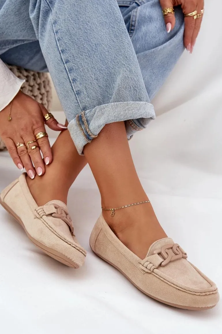 Damskie Eko Zamszowe Mokasyny Z Ozdobą Beżowe Seathra