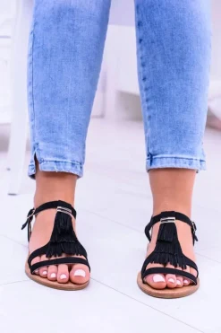 Damskie Eleganckie Płaskie Sandałki Memi Czarne