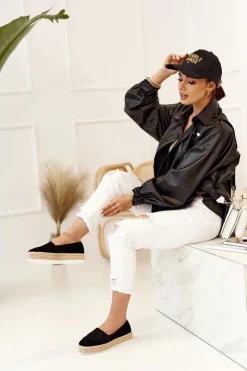 Damskie Espadryle Na Słomkowej Platformie Czarne Febi