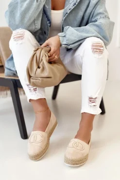 Damskie Espadryle Na Słomkowej Platformie Beżowe Febi