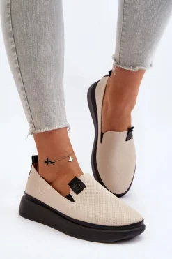 Damskie Espadryle Skórzane Na Platformie Beżowe Tigera