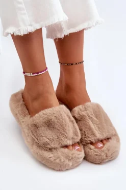 Damskie Futrzane Kapcie Beżowe Stepia