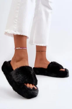 Damskie Futrzane Kapcie Czarne Stepia