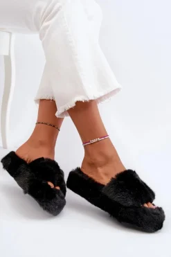 Damskie Futrzane Kapcie Czarne Stepia
