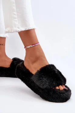 Damskie Futrzane Kapcie Czarne Stepia