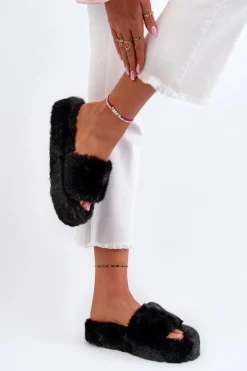 Damskie Futrzane Kapcie Czarne Stepia