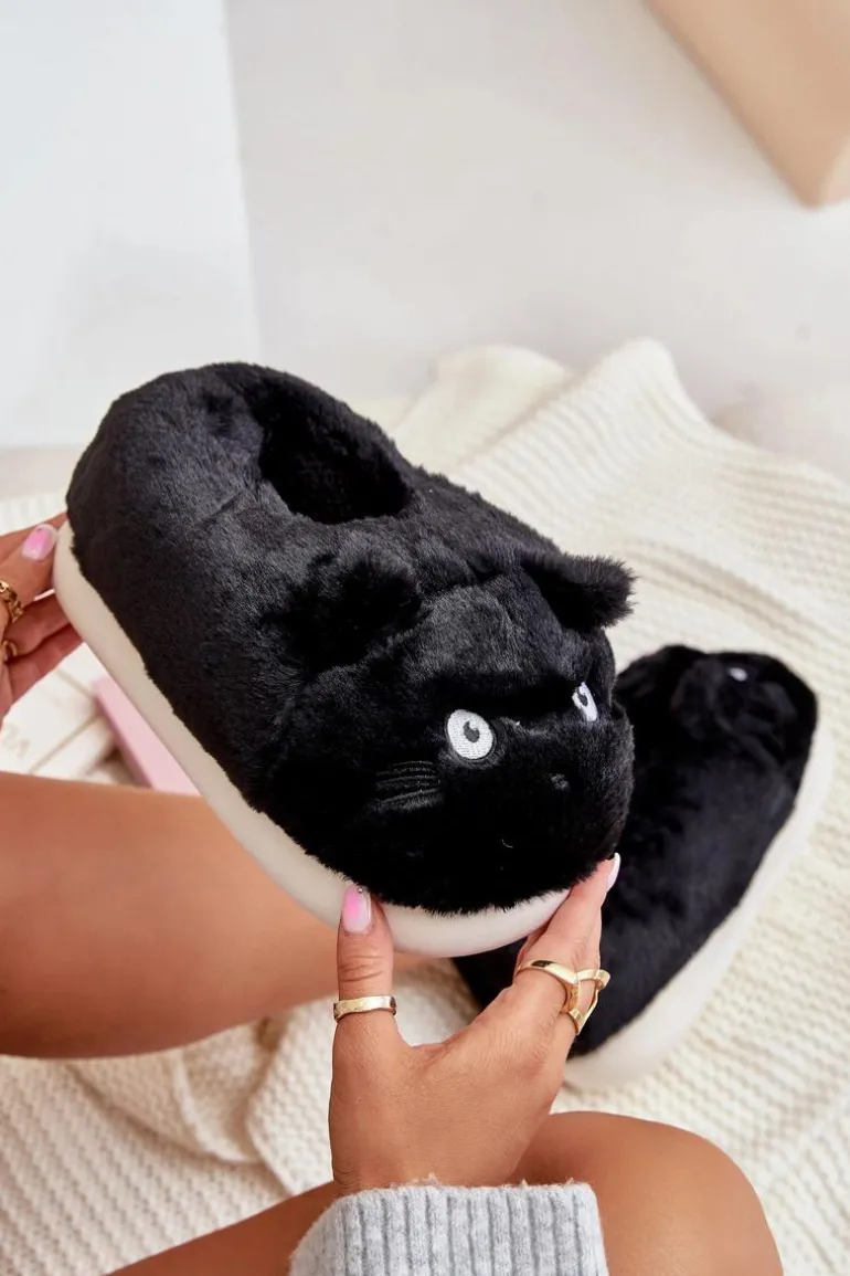 Damskie Futrzane Kapcie Kotki Czarne Iriviane