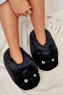 Damskie Futrzane Kapcie Kotki Czarne Iriviane