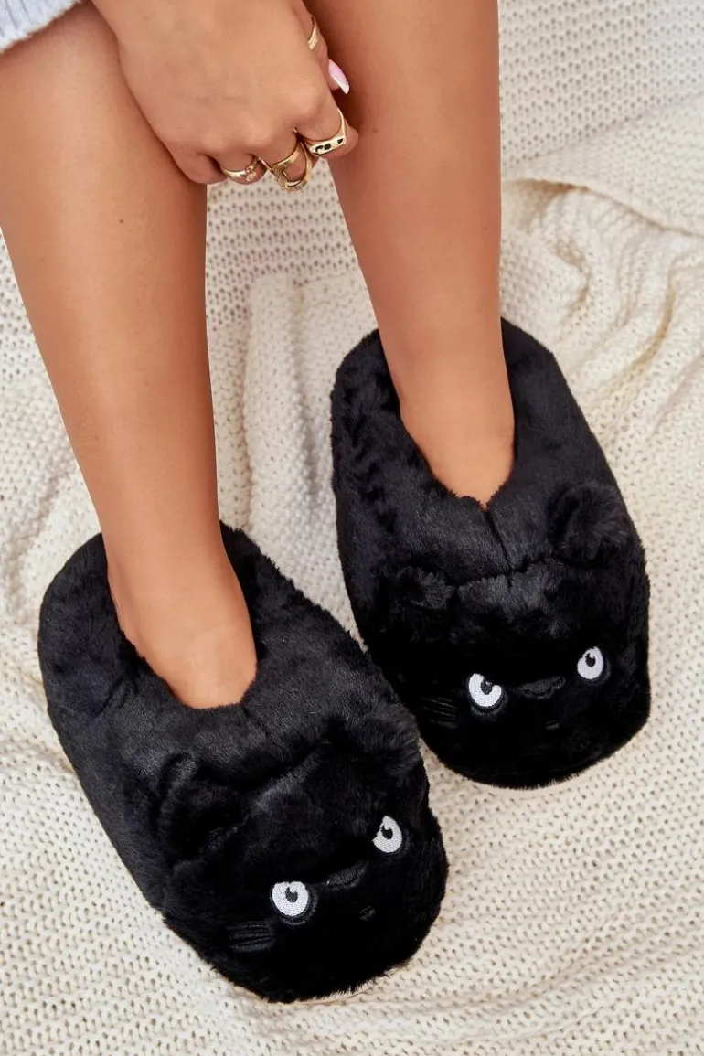 Damskie Futrzane Kapcie Kotki Czarne Iriviane