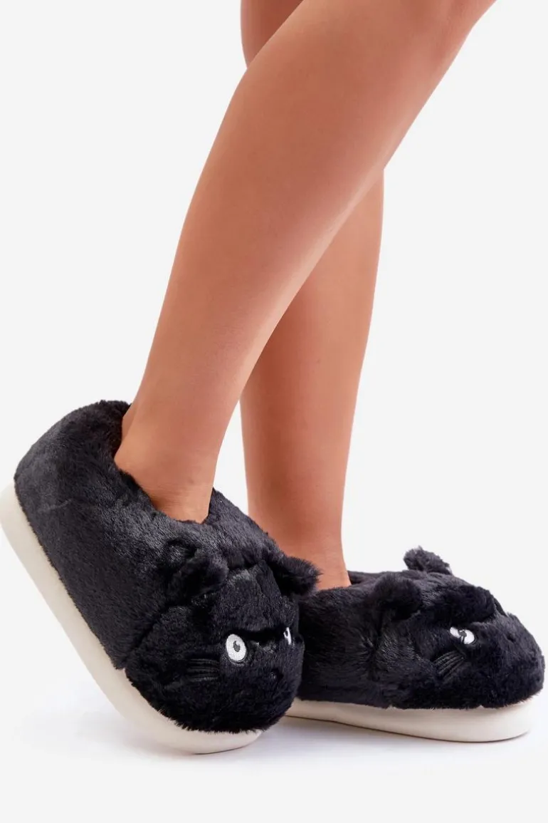 Damskie Futrzane Kapcie Kotki Czarne Iriviane