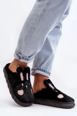 Damskie Futrzane Kapcie Z Króliczkiem Czarne Naveritte