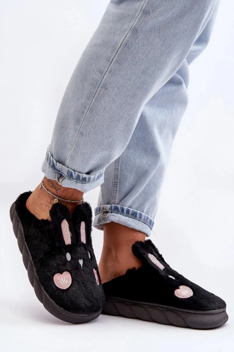 Damskie Futrzane Kapcie Z Króliczkiem Czarne Naveritte