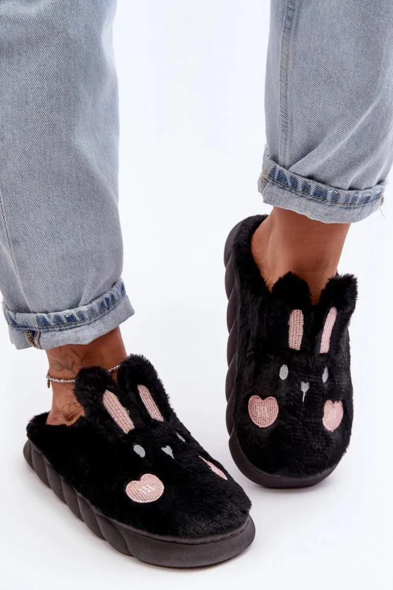Damskie Futrzane Kapcie Z Króliczkiem Czarne Naveritte