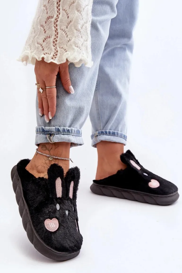 Damskie Futrzane Kapcie Z Króliczkiem Czarne Naveritte