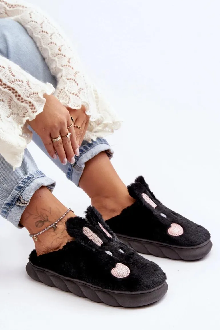 Damskie Futrzane Kapcie Z Króliczkiem Czarne Naveritte