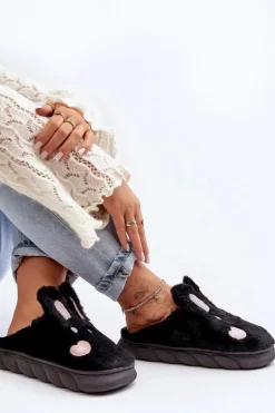 Damskie Futrzane Kapcie Z Króliczkiem Czarne Naveritte