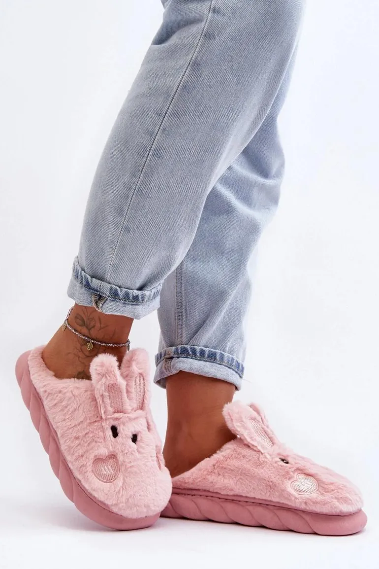 Damskie Futrzane Kapcie Z Króliczkiem Różowe Naveritte