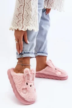 Damskie Futrzane Kapcie Z Króliczkiem Różowe Naveritte