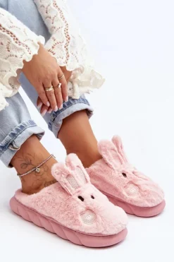 Damskie Futrzane Kapcie Z Króliczkiem Różowe Naveritte