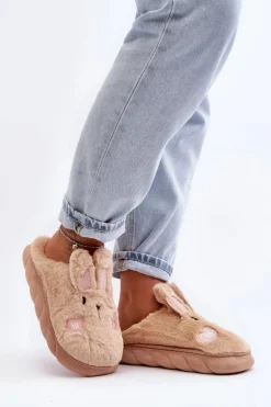 Damskie Futrzane Kapcie Z Króliczkiem Beżowe Naveritte