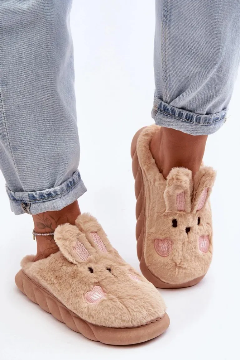 Damskie Futrzane Kapcie Z Króliczkiem Beżowe Naveritte