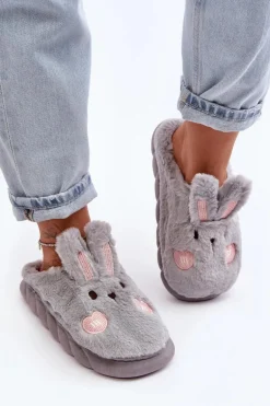Damskie Futrzane Kapcie Z Króliczkiem Szare Naveritte