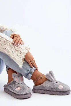 Damskie Futrzane Kapcie Z Króliczkiem Szare Naveritte