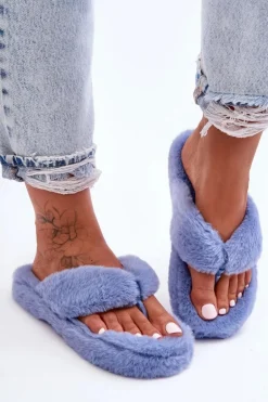 Damskie Futrzane Klapki Papcie Niebieskie Elma