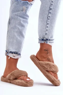 Damskie Futrzane Klapki Papcie Brązowe Elma