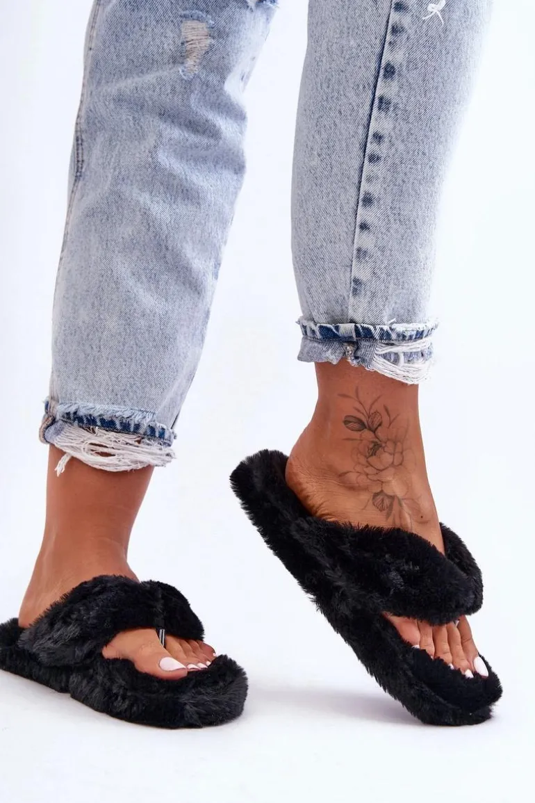 Damskie Futrzane Klapki Papcie Czarne Elma