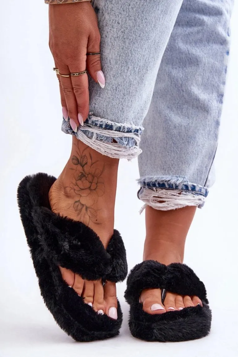 Damskie Futrzane Klapki Papcie Czarne Elma