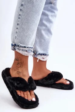 Damskie Futrzane Klapki Papcie Czarne Elma