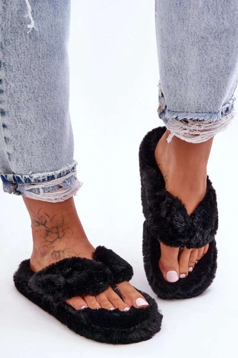 Damskie Futrzane Klapki Papcie Czarne Elma