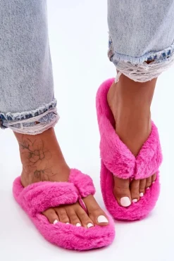 Damskie Futrzane Klapki Papcie Fuksja Elma