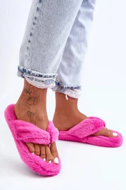Damskie Futrzane Klapki Papcie Fuksja Elma
