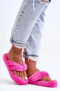 Damskie Futrzane Klapki Papcie Fuksja Elma