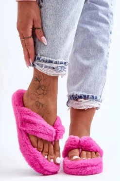 Damskie Futrzane Klapki Papcie Fuksja Elma