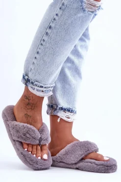 Damskie Futrzane Klapki Papcie Szare Elma