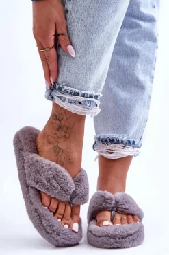 Damskie Futrzane Klapki Papcie Szare Elma