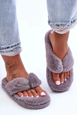 Damskie Futrzane Klapki Papcie Szare Elma