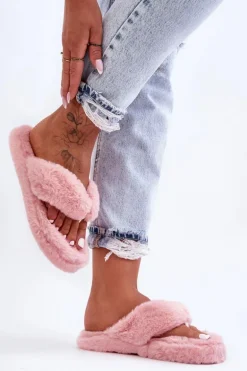 Damskie Futrzane Klapki Papcie Różowe Elma