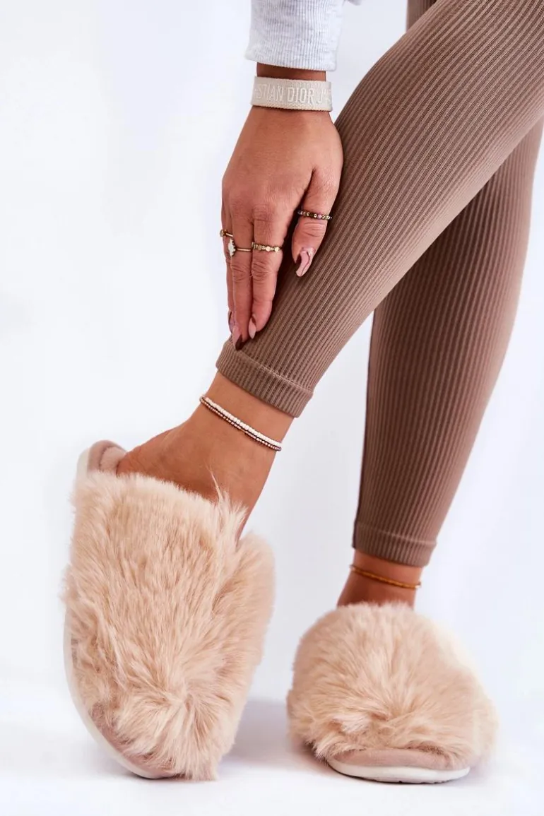 Damskie Futrzane Papcie Beżowe Sheryl