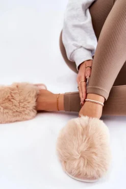 Damskie Futrzane Papcie Beżowe Sheryl