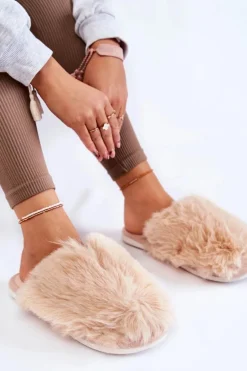 Damskie Futrzane Papcie Beżowe Sheryl