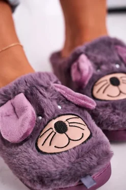 Damskie Futrzane Papcie Myszki Fioletowe Home Sweet Home