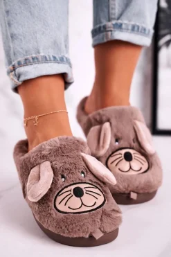 Damskie Futrzane Papcie Myszki Beżowe Home Sweet Home