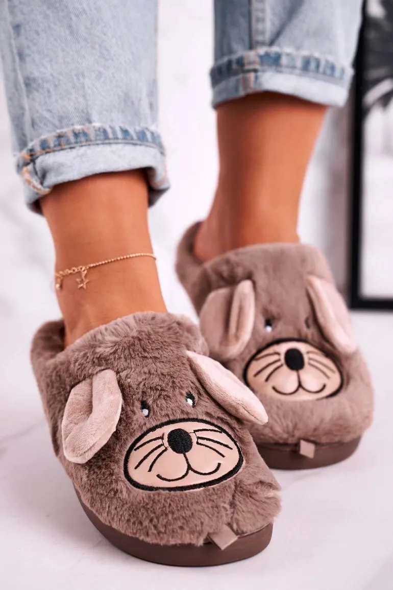 Damskie Futrzane Papcie Myszki Beżowe Home Sweet Home