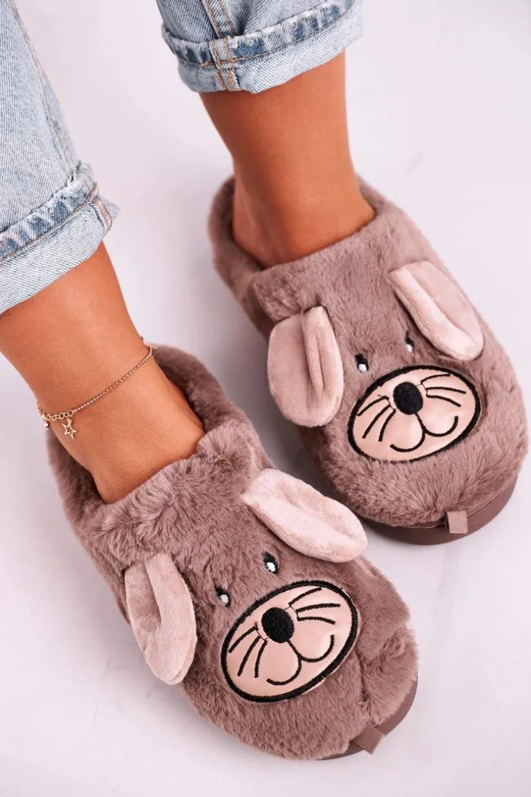 Damskie Futrzane Papcie Myszki Beżowe Home Sweet Home